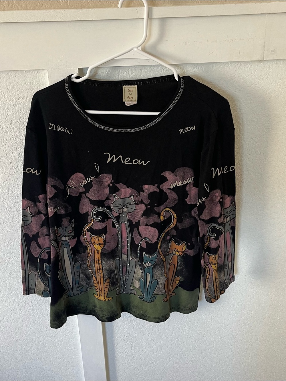 Vintage Jess & Jane Women's Large Cat Meow Scoop Neck Shirt.